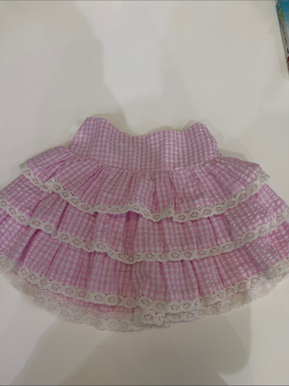Pink Gingham Tiered Lace Trim girls  Skirt